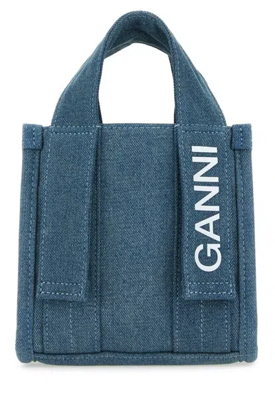 Ganni Tech Logo Printed Denim Mini Tote Bag In Blue