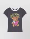 Ganni T-shirt With White Hems And Teddy Bear Print In Gray