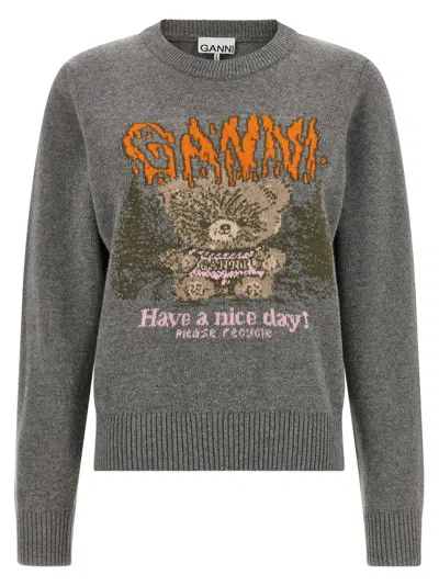 Ganni Teddy Bear Intarsia Graphic Sweater In Purple
