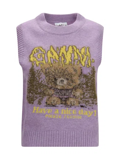 Ganni Teddy Bear Jacquard Alpaca Wool-blend Vest In Purple