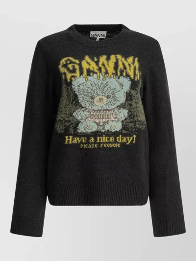 Ganni Teddy Crew Neck Sweater Graphic Design In Brown