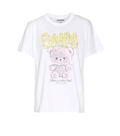 Ganni Teddy Print Logo T-shirt In White