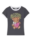 Ganni T-shirt With White Hems And Teddy Bear Print In Black