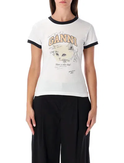 GANNI GANNI WHITE CROPPED KITTY COTTON T-SHIRT