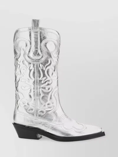 Ganni Texan Style Leather Boots In White