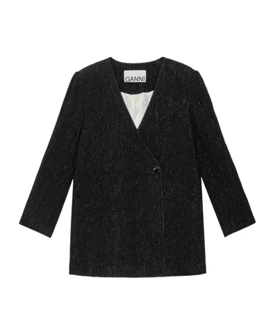 Ganni Textured Collarless Jacket In Black