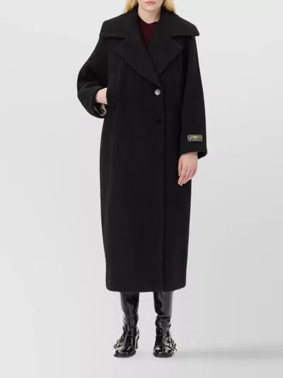 Ganni Textured Fabric Long Coat With Wide Lapels In Black
