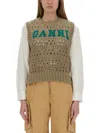 Ganni Perforated Vest With Logo Inlay In Neutrals