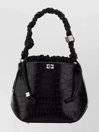 Ganni Textured Leather Handbag Featuring Braided Handle In Black