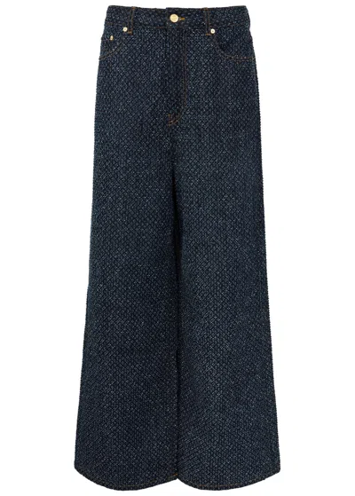 Ganni Textured Tweed Wide-leg Jeans In Blue