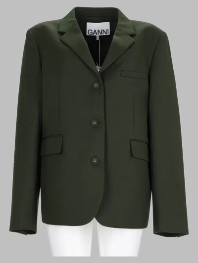 Ganni Wool Blend Single-breasted Blazer In Green