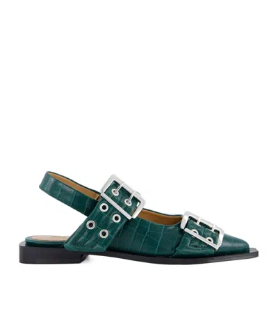 Ganni Thick Buckle Ballet Shoes In Green