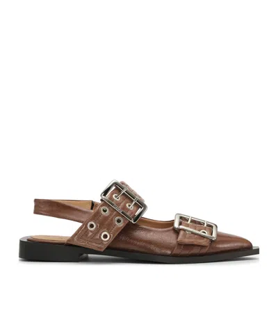 Ganni Thick Button Ballet Shoes In Brown