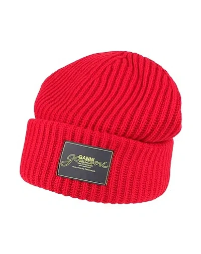 Ganni Thick Knitted Hat In Red