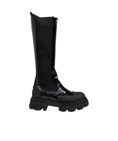 Ganni 50mm Crocodile-embossed Knee-high Boots In Black