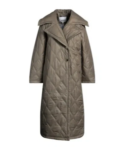 Ganni Thickened Long Trench Coat In Gray
