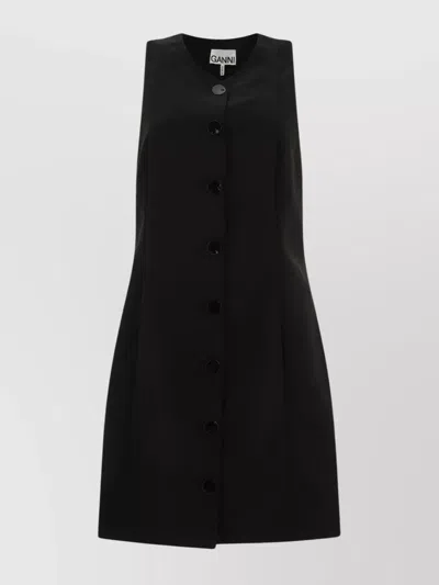 Ganni Sleeveless Twill Dress With Button Front In Black