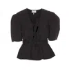 Ganni Poplin Front-tie Peplum Blouse With Puffed-sleeves In Black