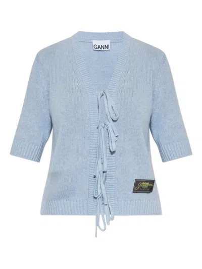 Ganni Tie-fastening Half-sleeved Cardigan In Blue