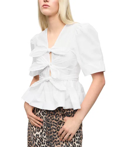 Ganni Tie-front Organic Cotton-poplin Peplum Blouse In White