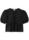 Ganni Poplin Front-tie Peplum Blouse With Puffed-sleeves In Black