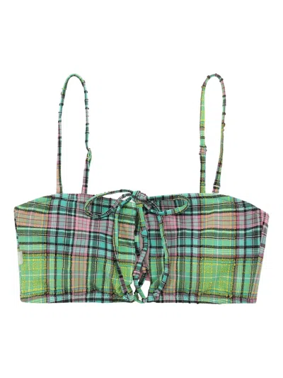 Ganni Tie-front Plaid Bikini Top In Multi