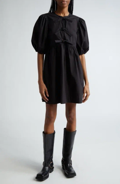Ganni Tie Front Puff Sleeve Organic Cotton Poplin Minidress In Black