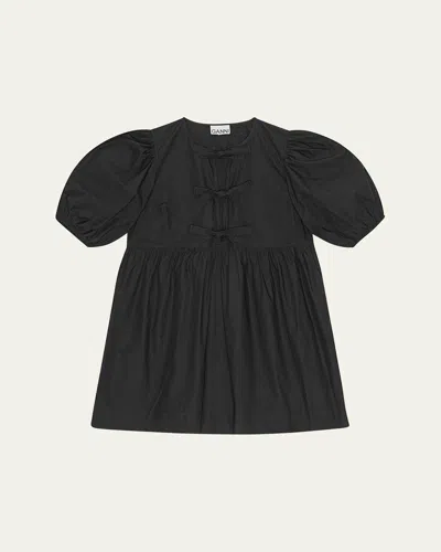 Ganni Cotton Poplin Tie String Mini Dress In Black