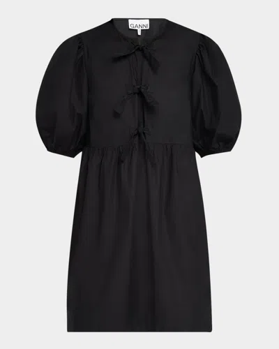 GANNI TIE-FRONT PUFF-SLEEVE POPLIN MINI DRESS