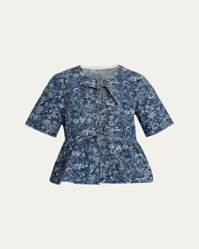 Ganni Tie-front Tapestry Denim Peplum Top In Animal Print