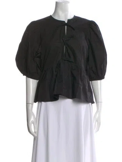 Pre-owned Ganni Tie Neck Short Sleeve Blouse In Black