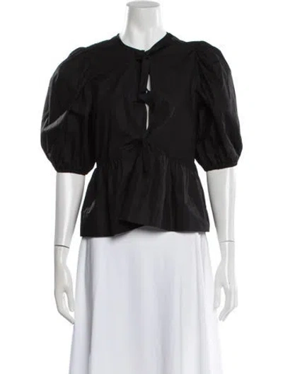 Pre-owned Ganni Tie Neck Short Sleeve Blouse In Black