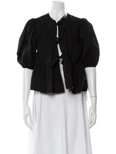 Pre-owned Ganni Tie Neck Short Sleeve Blouse In Black