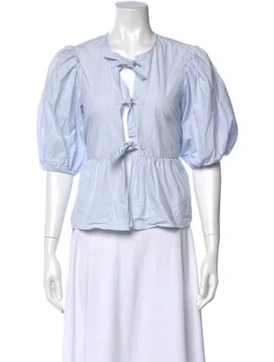 Pre-owned Ganni Tie Neck Short Sleeve Blouse In Blue
