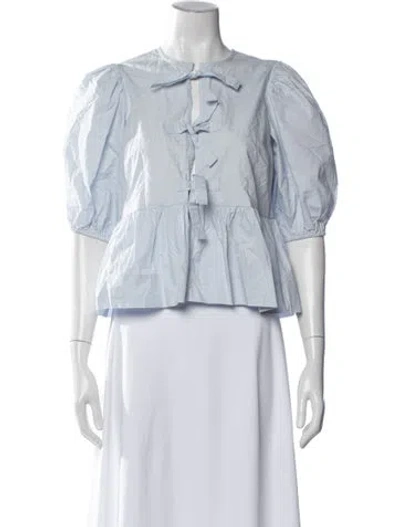 Pre-owned Ganni Tie Neck Short Sleeve Blouse In Blue
