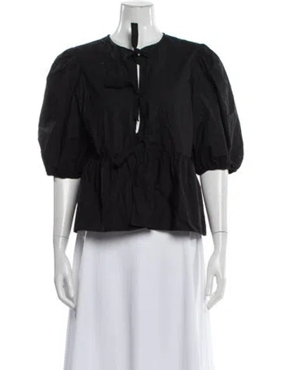 Pre-owned Ganni Tie Neck Short Sleeve Blouse In Gray