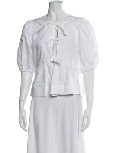 Pre-owned Ganni Tie Neck Short Sleeve Blouse In White