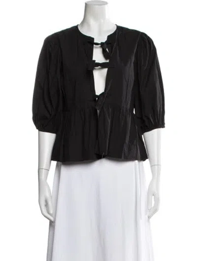 Pre-owned Ganni Tie Neck Three-quarter Sleeve Blouse In Black