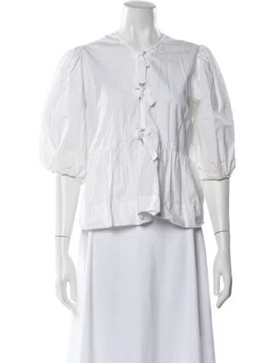 Pre-owned Ganni Tie Neck Three-quarter Sleeve Blouse In White