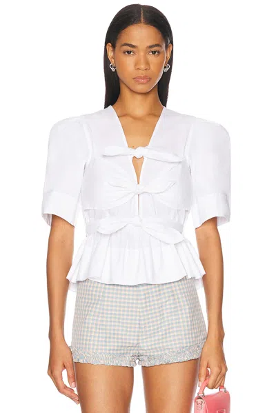 Ganni Tie-front Organic Cotton-poplin Peplum Blouse In White