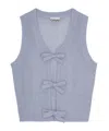 Ganni Heather Blue Sleeveless Cardigan With Bows In Gray