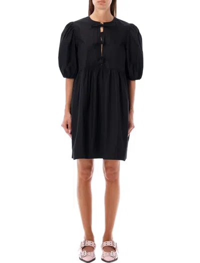 Ganni Cotton Poplin Tie String Mini Dress In Black