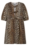Ganni Printed Tie String Poplin Mini Dress In Leopard