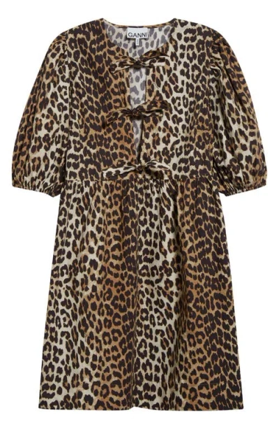 Ganni Brown Leopard Printed Cotton Tie String Minidress In 943 Leopard