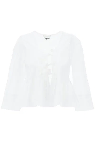 Ganni Bow-detailed Cotton-poplin Peplum Blouse In Weiss