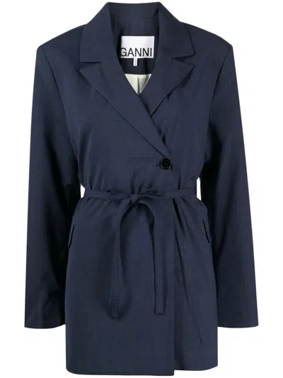 Ganni Tie-waist Jacket In Blue