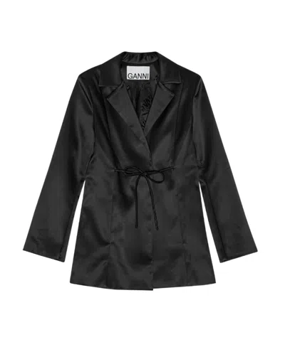 Ganni Tied-waist Satin Blazer In Black
