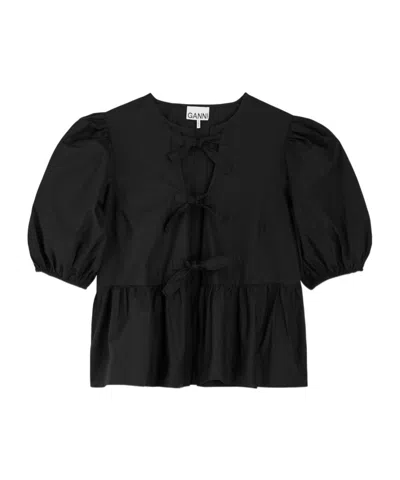 Ganni Tie-front Cotton-poplin Blouse In Black