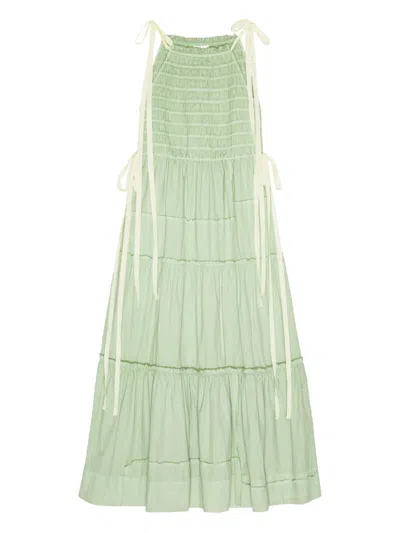 Ganni Sleeveless Smocked Maxi Dress In Green