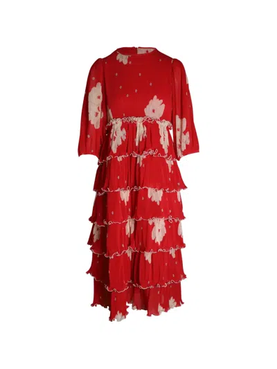 Pre-owned Ganni Tiered Floral-print Dress In Red